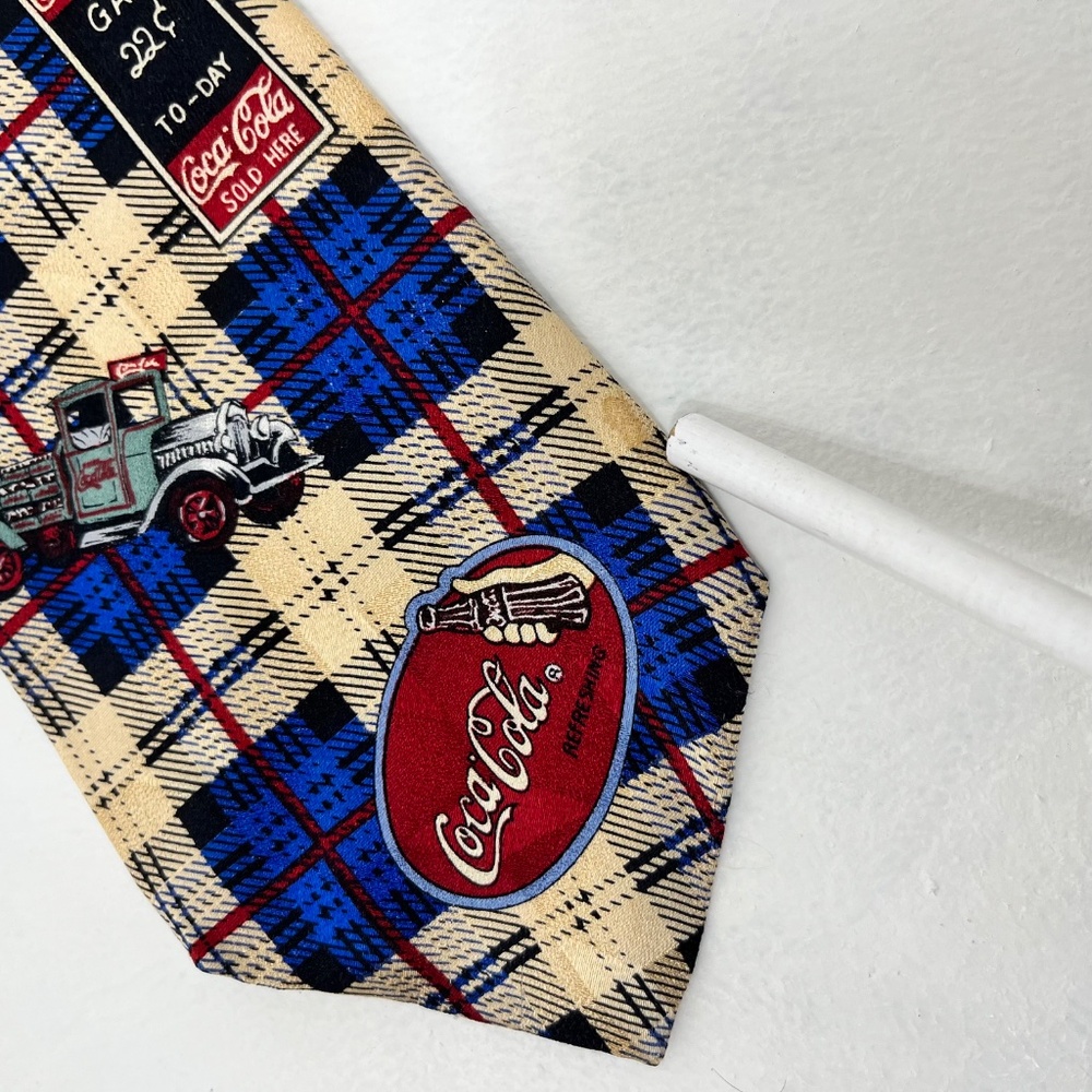 Vintage Coca-Cola Silk Tie Beige Blue Plaid 56.5" x 3.75" Stylish Classic - Picture 2 of 8
